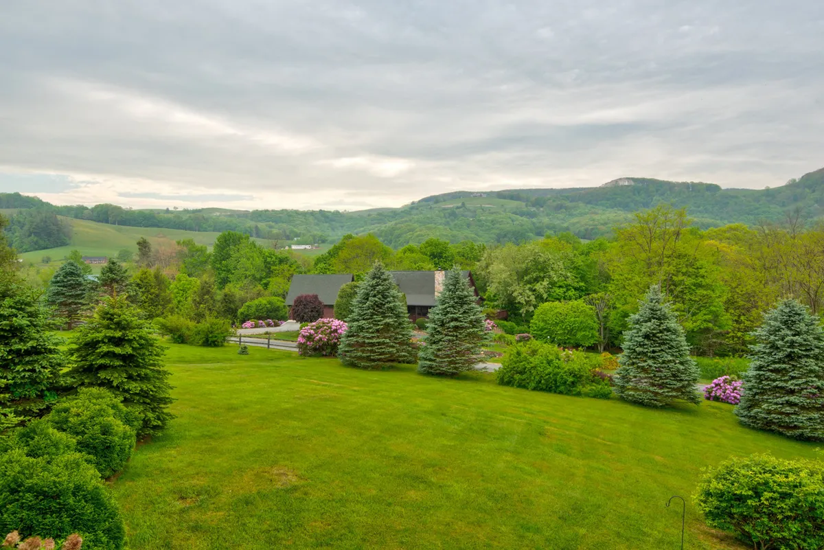 A wide, lush green lawn framed by a variety of mature trees and flowering bushes, offering a spacious, open area perfect for outdoor activities. The gently sloping terrain and clear open space are inviting for both people and pets to roam and play, with mountains and sky visible in the background.
